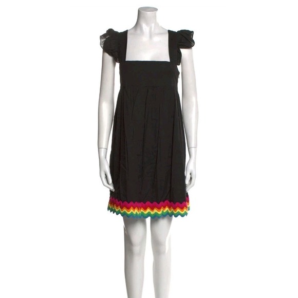 JULIET DUNN Square Neckline Rainbow Rick Rack Mini Dress Ruffle Sleeves Size 1 S - Picture 1 of 9